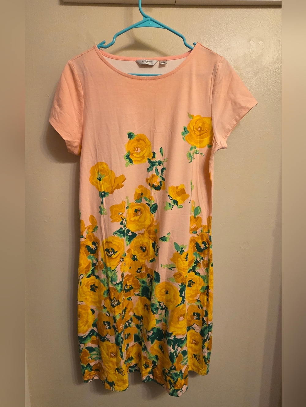 Liz Claiborne Floral T-Shirt Dress Size S Pink Yellow Roses Cotton Blend Knit
